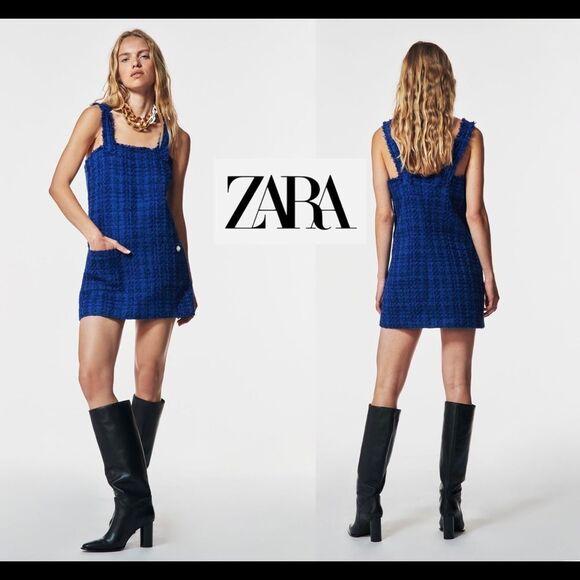 Zara Blue textured pinafore straight neckline wide strap mini dress Sz M - Picture 1 of 12
